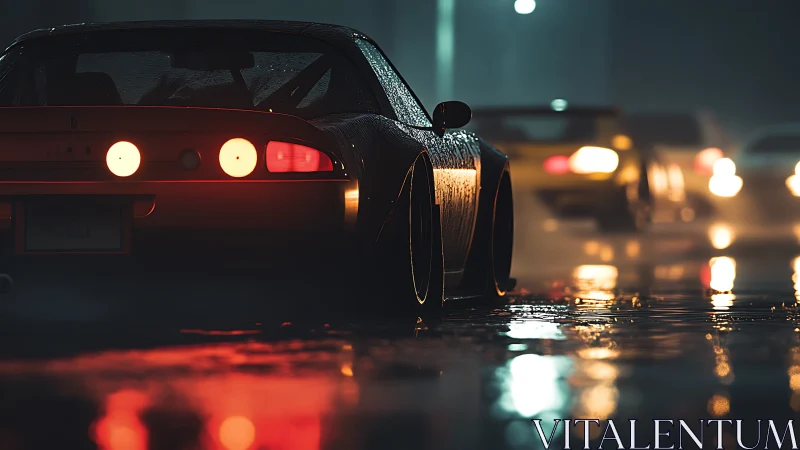 Neon-lit tuner car on wet urban street with cinematic bokeh.