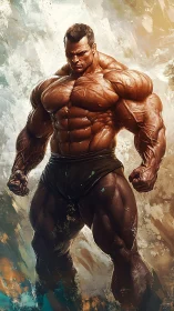 Muscular male figure in stylized digital bodybuilding study.