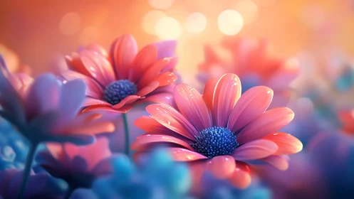 Pink Daisies Glowing in Golden Hour Light.