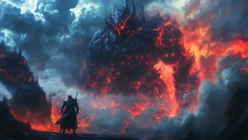 Epic digital painting of knight confronting colossal lava demon.