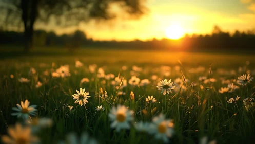 Sunlit meadow daisies under warm golden sunset glow.