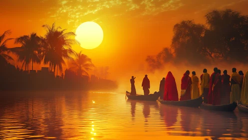 Monks glide through misty river under blazing sunrise glow.