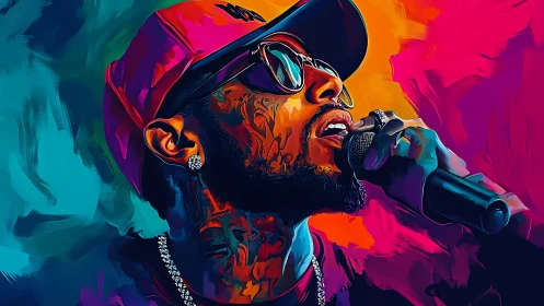 Vibrant digital portrait of hip hop singer with microphone.