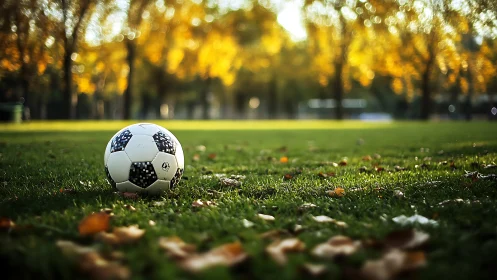 Soccer ball rests on autumn field under golden trees.