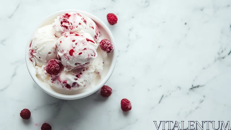 Raspberry swirl ice cream scoops on cool marble tabletop.