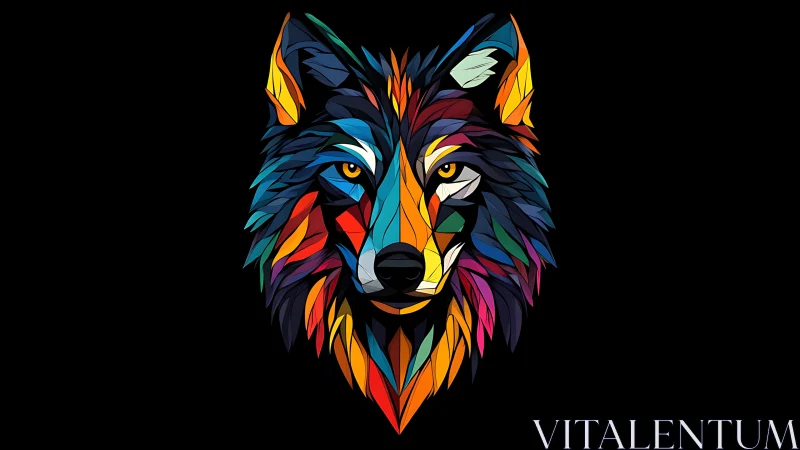Color-splintered wolf portrait glows against pure black field.