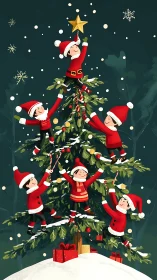 Children stack on Christmas tree and place golden star