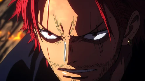 Close frontal view of red haired anime man in shadowed light.