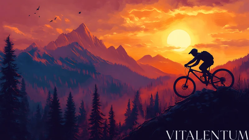 Mountain Cyclist Silhouette at Golden Sunset Over Alpine Landscape.