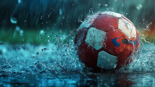 Rain-soaked soccer ball splashes into puddle in dynamic closeup