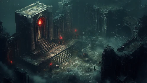 Ruined gothic citadel with infernal portal illumination.