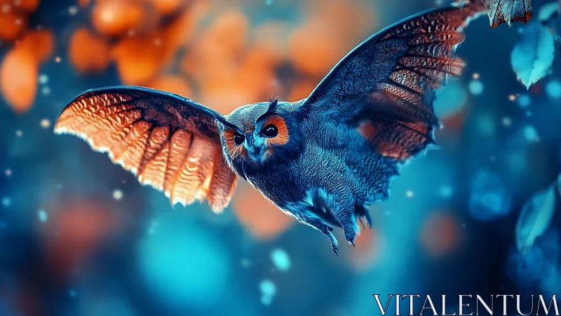 Bioluminescent owl in neon blue forest flight scene.