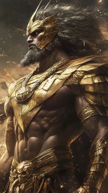 Armored mythic warrior in ornate golden battle regalia.