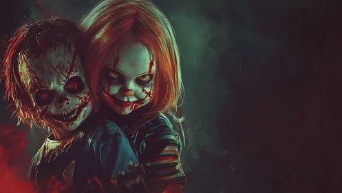 Hyperreal demonic dolls with stitched lacerations in red haze.