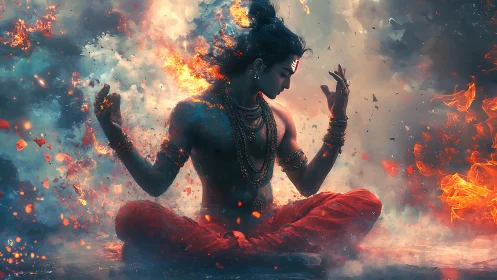 Firelit meditation with a serene cosmic guardian figure.