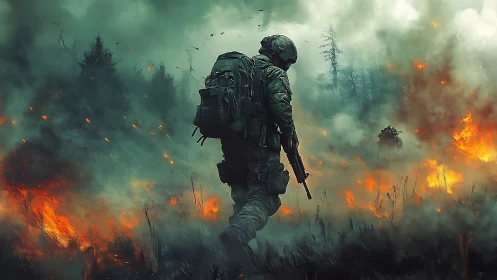 Solitary infantry operator advancing through incendiary forestscape.