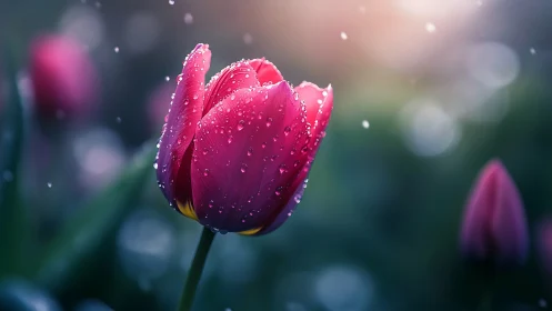 Magenta tulip with water droplets in soft focus garden setting.