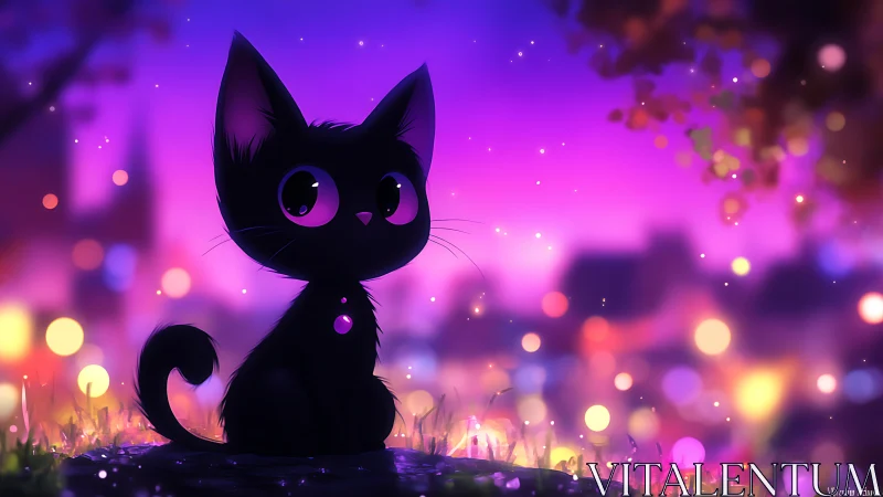 Twilight city kitten with glowing pendant in dreamy bokeh night.