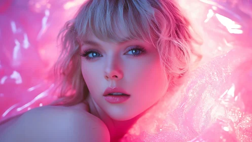 Neon-lit portrait captures ethereal beauty in soft pink glow.