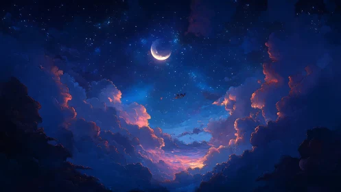 Crescent moon illuminates stratified nebular clouds at dusk