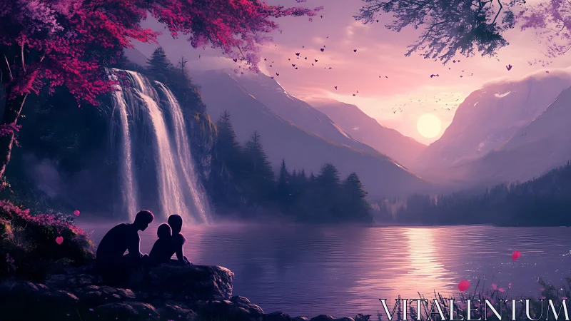 Sunset Valley Romance: Digital Landscape with Waterfall and Silhouettes.