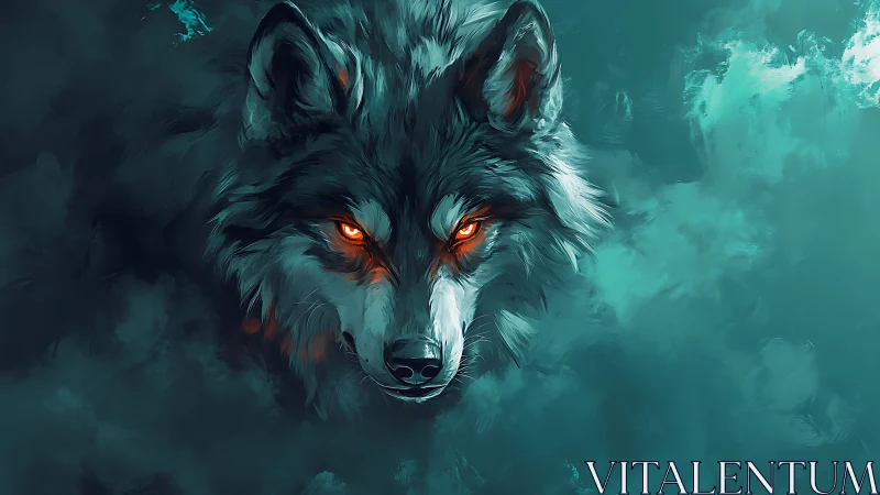 Ember-eyed twilight wolf glides forward through teal stormmist