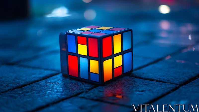 Rubik’s cube glows on wet cobblestone in blue ambient light