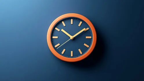 Minimalist orange wall clock floats on deep blue background