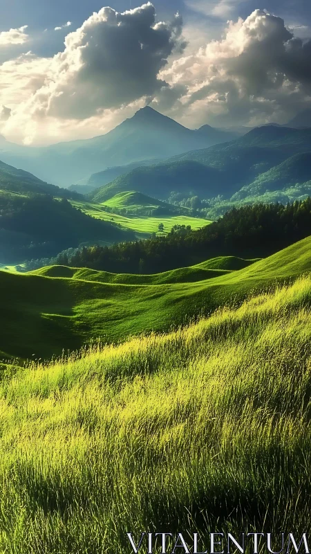 Layered green valleys under volumetric clouds and backlit peak