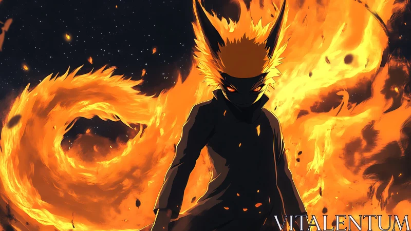 Masked anime figure stands before swirling fox-shaped fire
