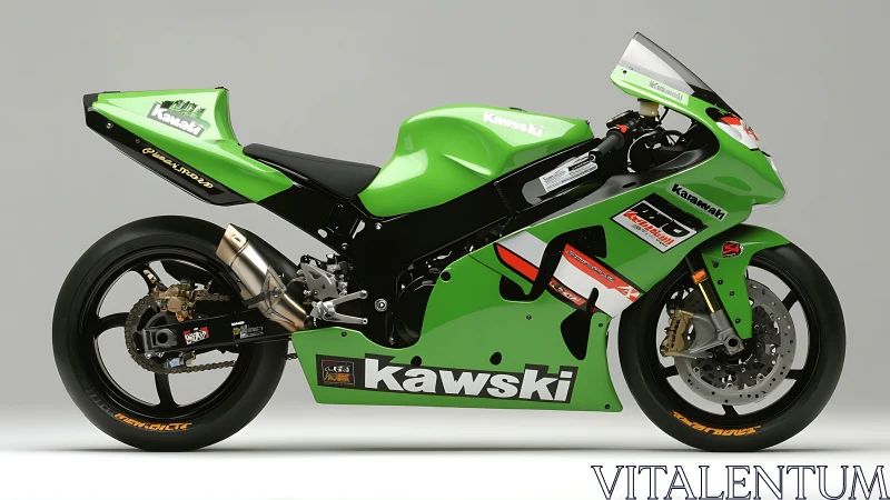 Green race motorcycle profile with glossy aerodynamic fairings.