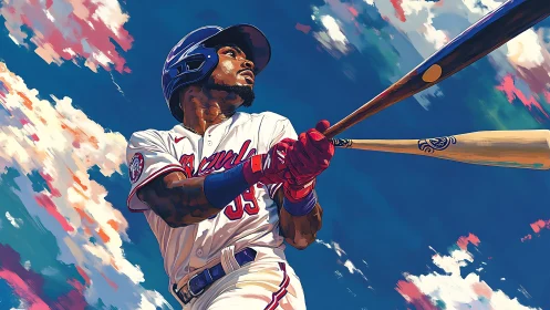 Dynamic baseball batter swinging under vivid painted sky.
