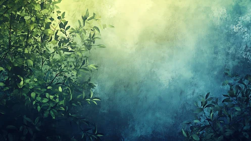 Dense green foliage against textured blue gradient wall.