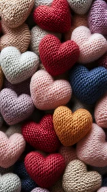 Knitted Heart-Shaped Objects in Multiple Yarn Colors.