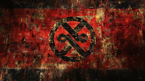 Weathered red metal glows around a bold abstract emblem
