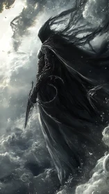 Shadowed reaper ascends through storm-torn celestial clouds.