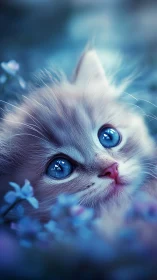 Luminescent Feline Gazes Through Ethereal Sapphire Dreamscape