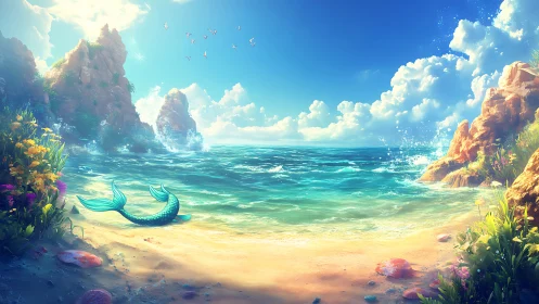 Iridescent mermaid tail on sunlit fantasy shoreline panorama.