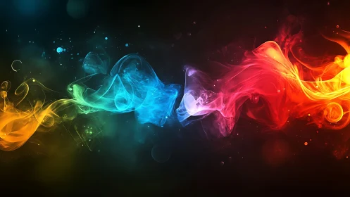 Chromatic smoke waves merge across dark negative space