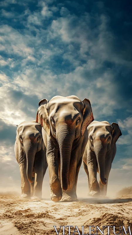 Majestic elephant trio strides across sunlit desert plain.