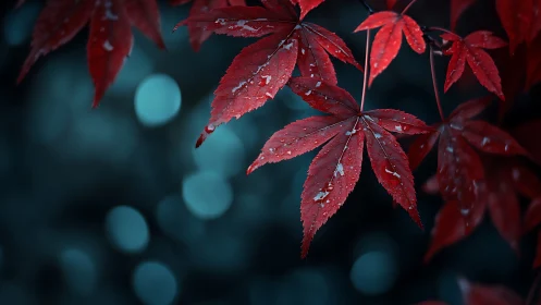 Red maple leaves with water droplets against teal bokeh.