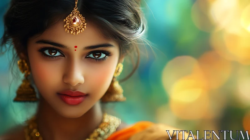 Warm gaze of a jeweled girl in glowing festive colors.