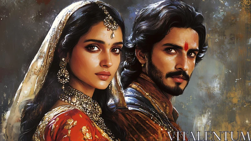 Regal Indian couple in ornate bridal finery portrait.
