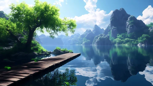 Lakeside wooden pier under bright tree and alpine cliffs.
