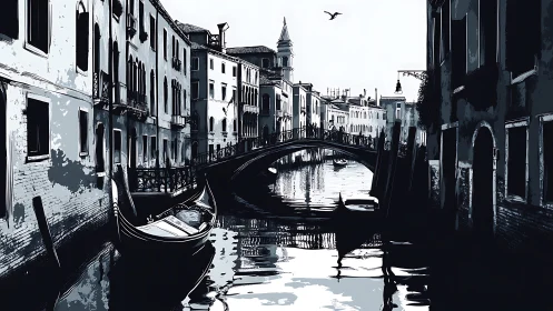 Monochrome canal bridge with gondola under soft urban light.