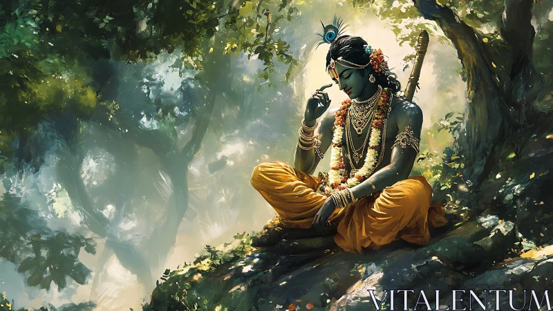 Divine blue figure in saffron robes within dappled forest light.