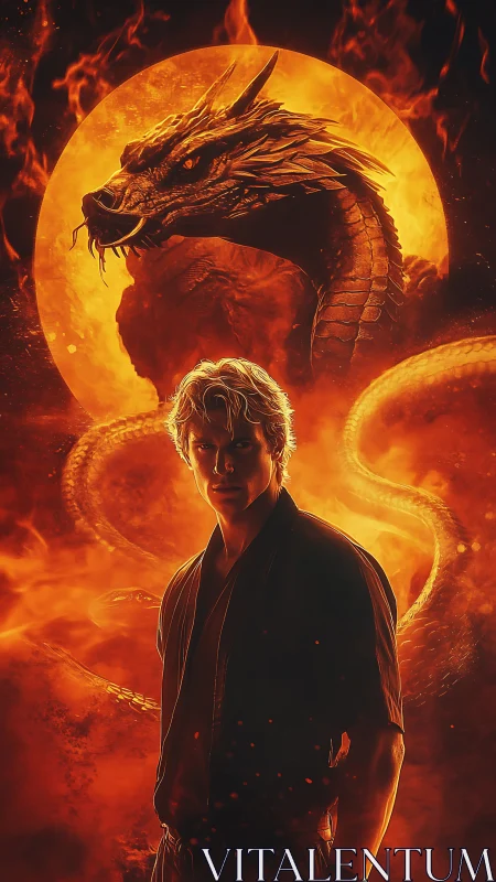 Male figure stands before dragon silhouette and circular fire source