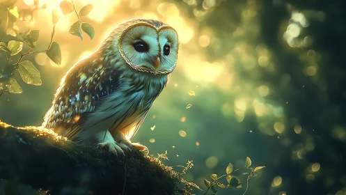 Majestic Owl on Mossy Branch in Dreamy Sunlit Forest Setting.