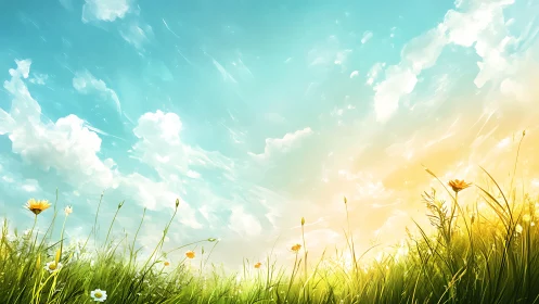 Wildflower meadow under bright sky with warm sunlight glow.