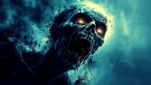 Undead skull erupts from blue mist with burning orange eyes